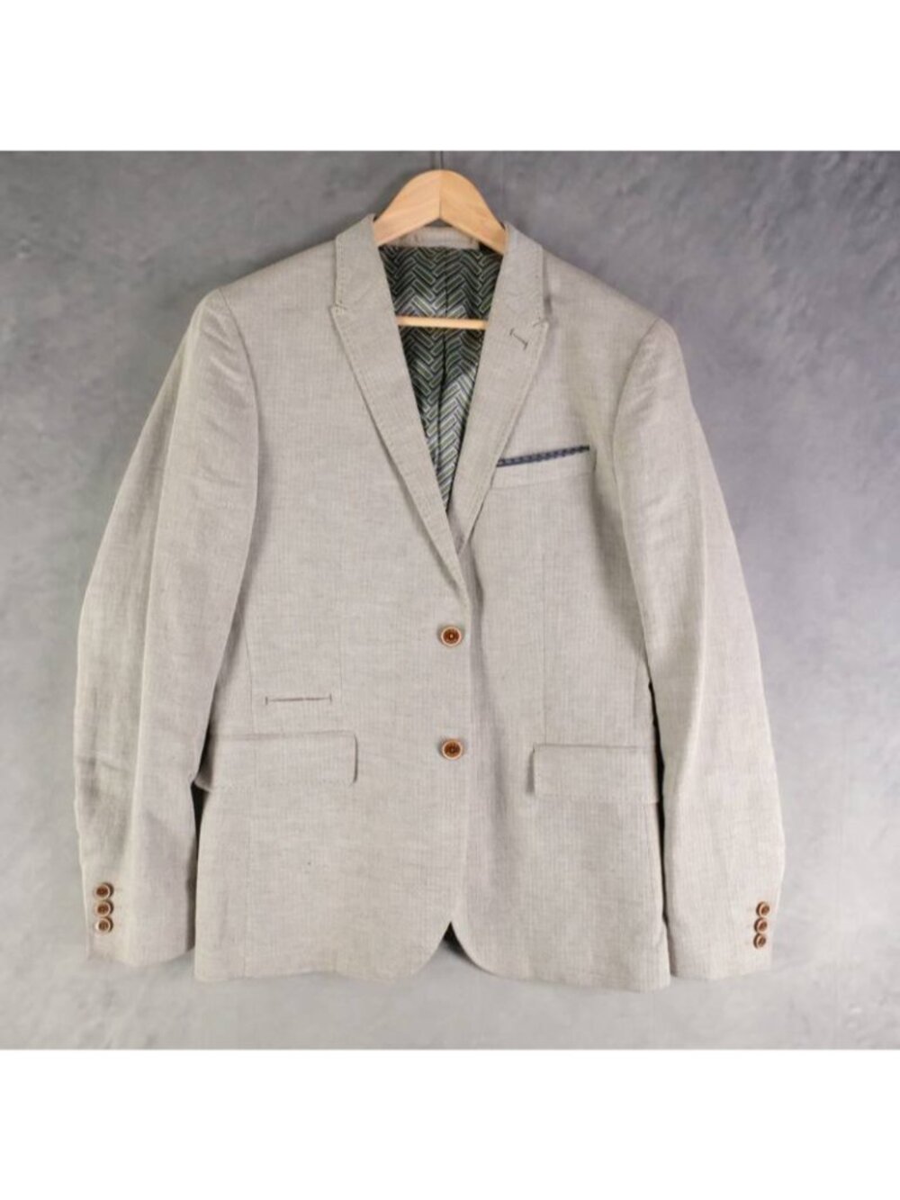 Ted Baker Jacket Men 3 40R Beige Herringbone Loughton Linen Cotton Two Button